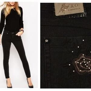 Rare XO Kimbeway BLACK Jeans Sz 26 Sparkle Rhinestones Skinny Moto Punk Y2K Vntg